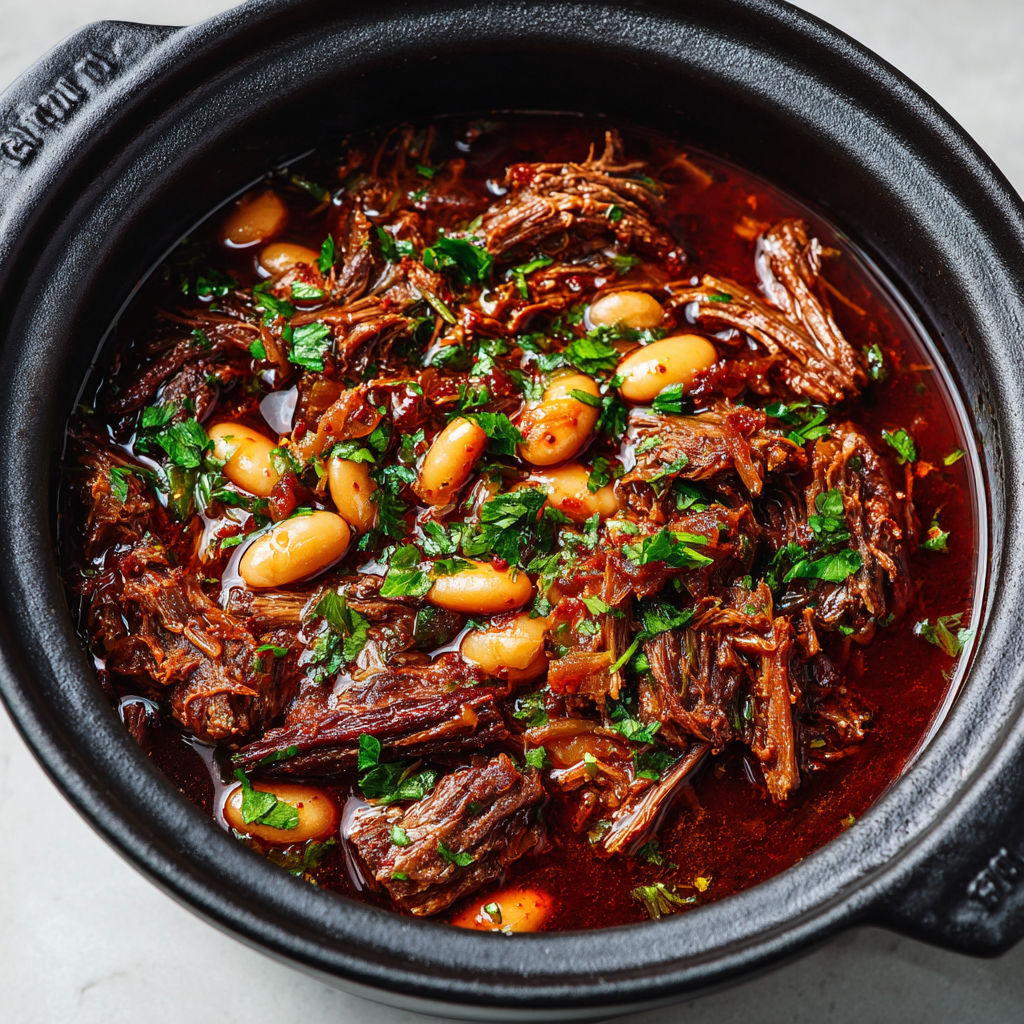 Un plat réconfortant de bœuf mijoté au vin rouge et épices, avec haricots blancs gourmands.