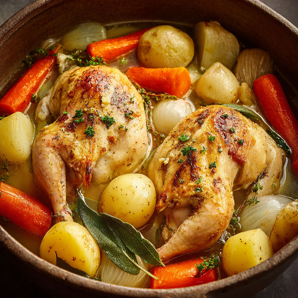 Coquelets cuits avec des légumes dans un bouillon riche et parfait pour rassembler toute la famille.