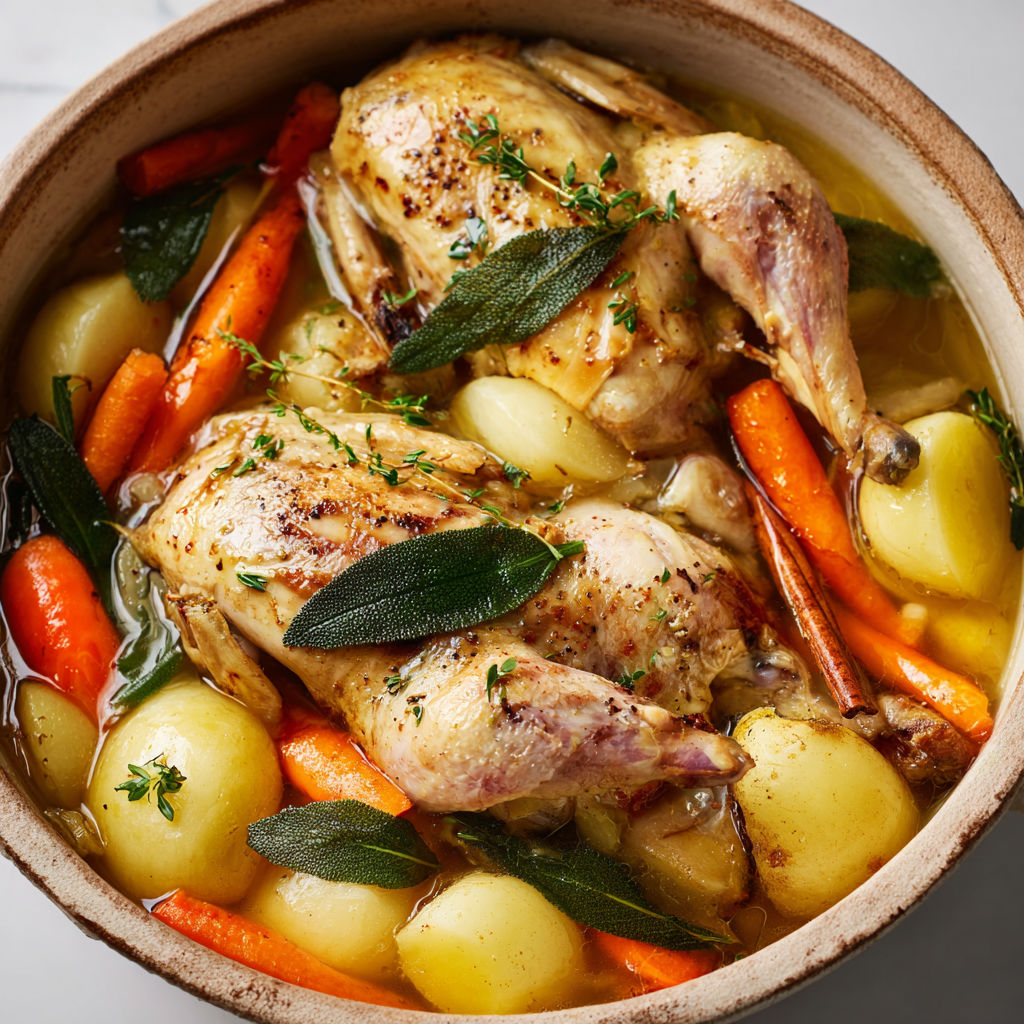 Coquelets moelleux façon pot-au-feu, légumes fondants dans jus parfumé.