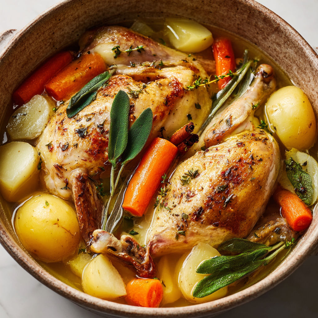 Pot-au-feu de coquelets, navets, rattes et épices douces servi à la française.