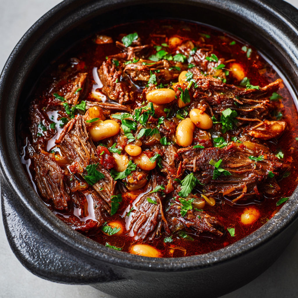 Bœuf mijoté tendre au vin rouge, épices et haricots blancs.