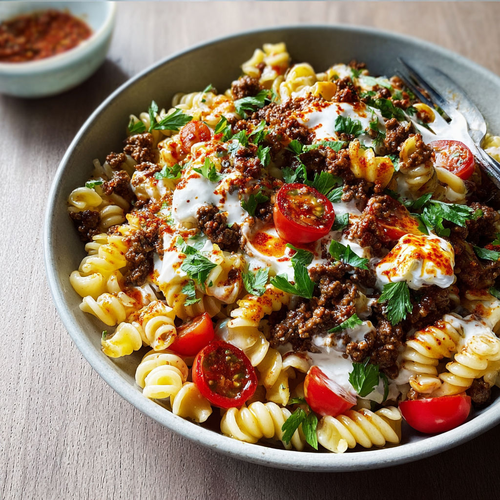 Plat de pâtes façon turque avec bœuf, tomates et épinards frais.