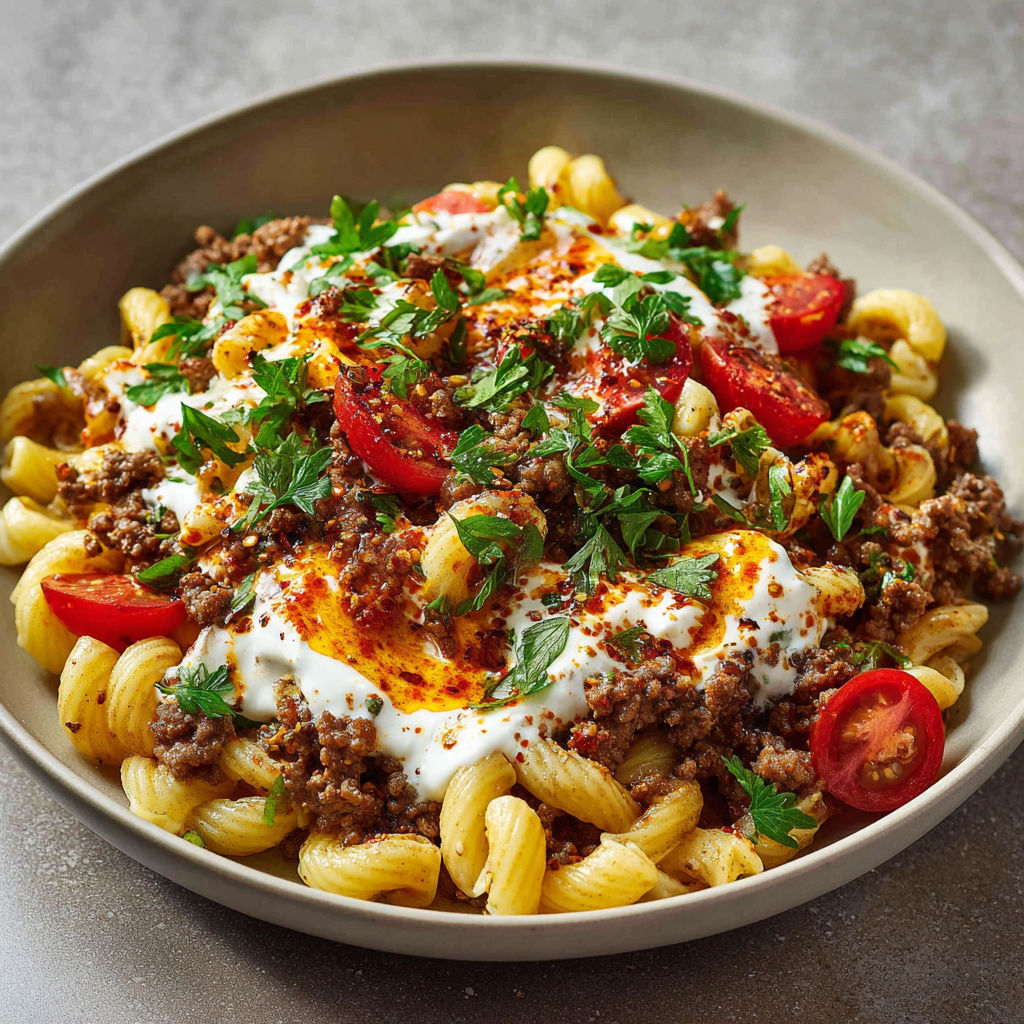 Plat de pâtes turques au bœuf, yaourt à l'ail et beurre paprika tout coloré.