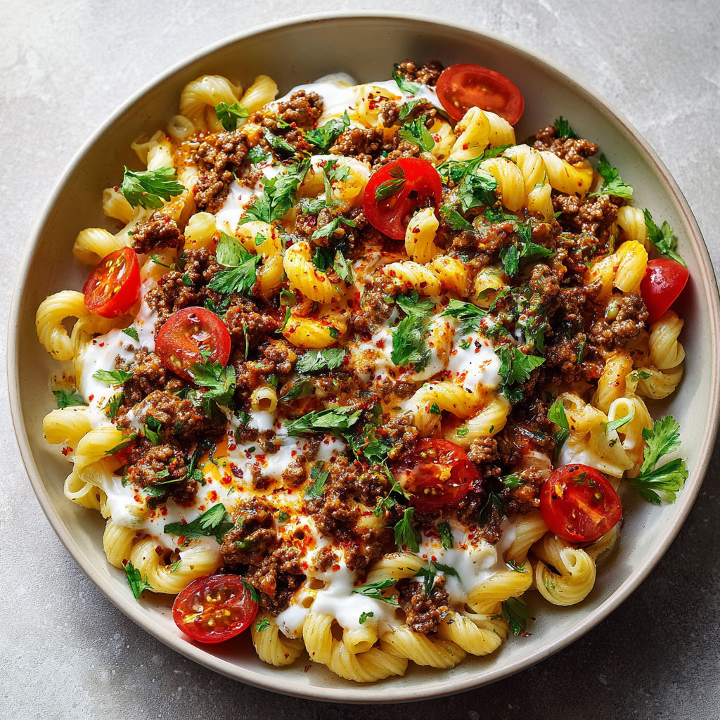 Pâtes façon Istanbul, viande dorée, sauce crémeuse, yaourt à l'ail.