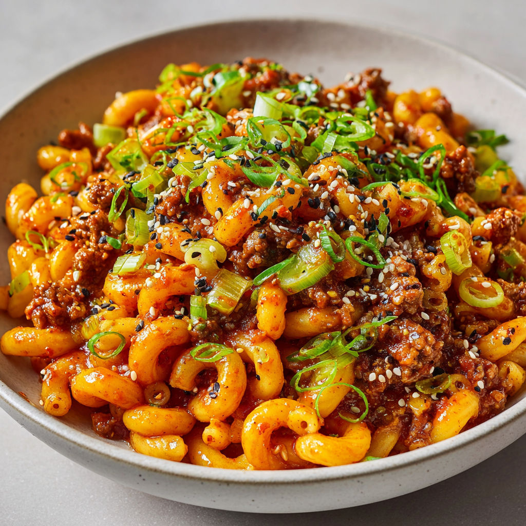 Des macaronis au bœuf assaisonné et au gochujang avec des herbes vertes et des graines de sésame bien grillées.