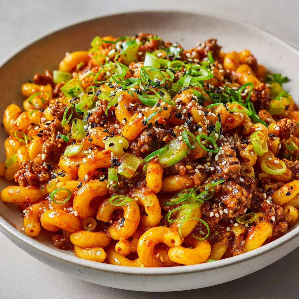 Des macaronis au bœuf assaisonné et au gochujang avec des herbes vertes et des graines de sésame bien grillées.