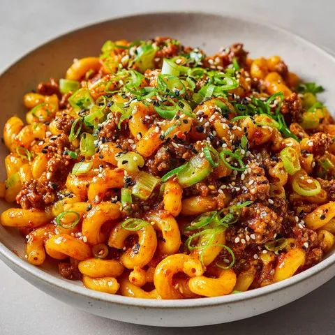 Des macaronis au bœuf assaisonné et au gochujang avec des herbes vertes et des graines de sésame bien grillées.
