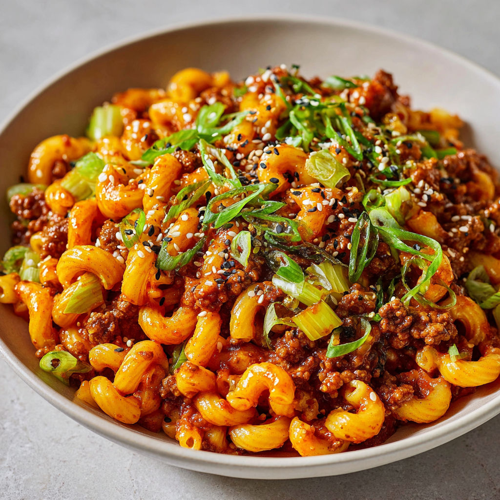 Macaronis coréens au bœuf, gochujang pimenté et graines de sésame croustillantes.