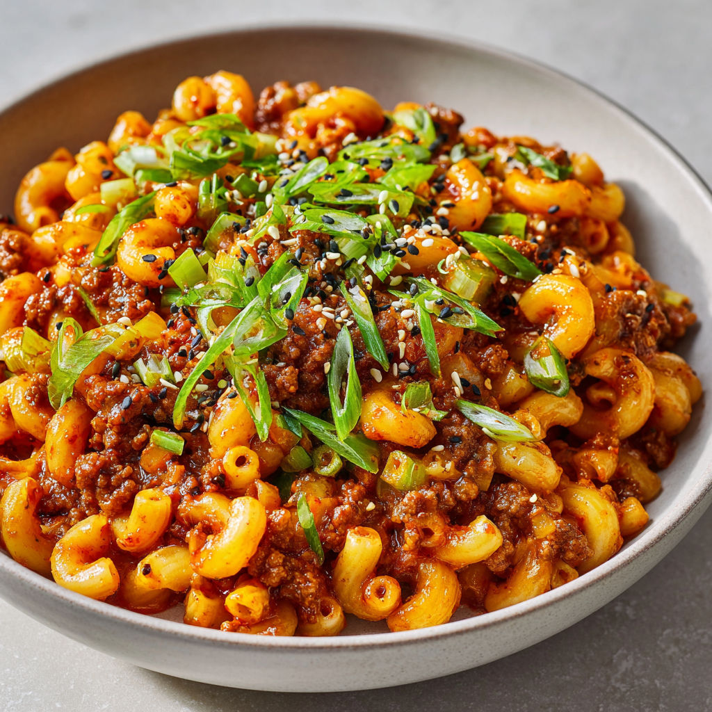 Macaronis mixés avec piment fermenté, citron vert et oignons nouveaux bien frais.
