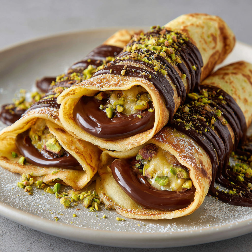 Les crêpes au chocolat à la mode de Dubaï sont joliment présentées sur une assiette, agrémentées de nappage et de crème.