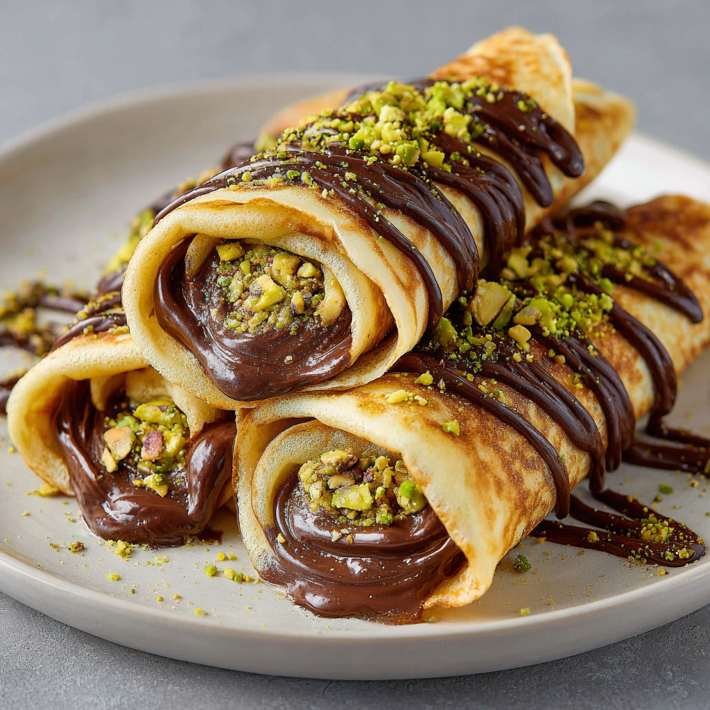 Crêpes roulées à la Dubaï, pistache intense et chocolat brillant.