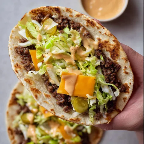 Tortilla garnie de fromage fondant, salade croquante et bœuf juteux, tenue dans une main.