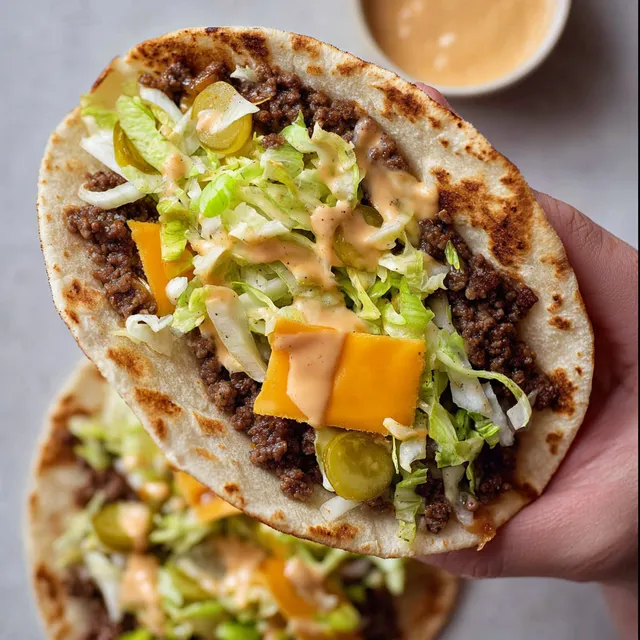 Tortilla garnie de fromage fondant, salade croquante et bœuf juteux, tenue dans une main.