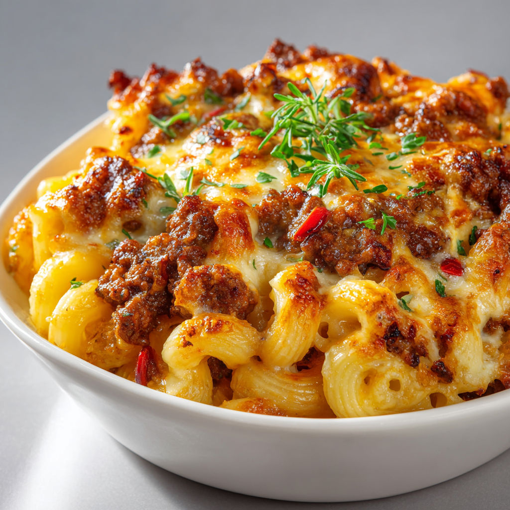 Un gratin de macaronis avec viande et fromage fondant.