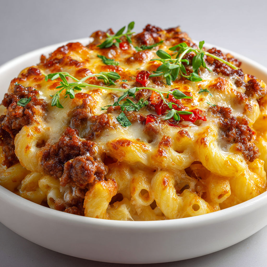 Plat de macaronis gratinés au bœuf et double fromage filant.