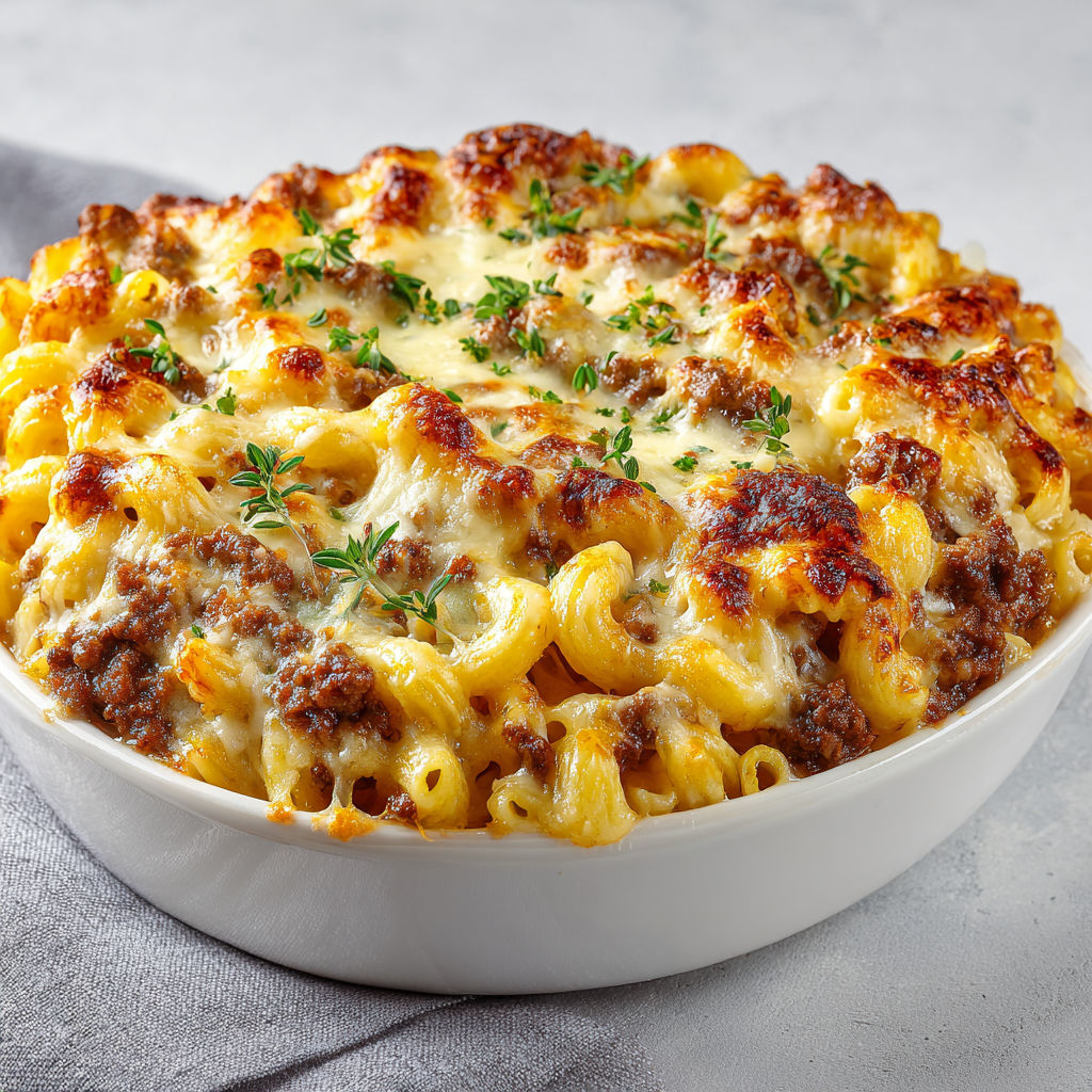 Plat familial de macaronis gratinés bœuf, cheddar et mozzarella.