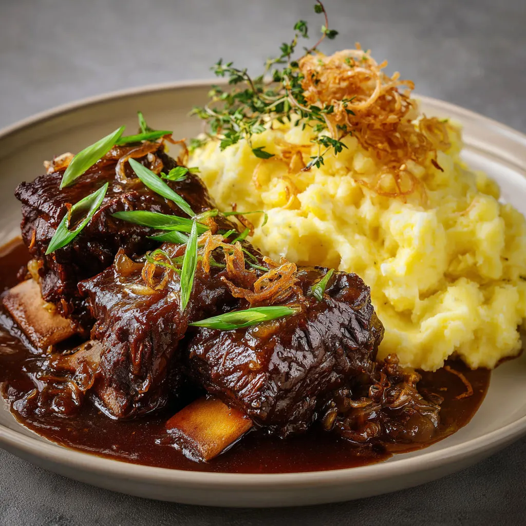 Côtes de bœuf ultra moelleuses en mijoteuse, sauce au vin rouge et purée hyper crémeuse à la crème fraîche