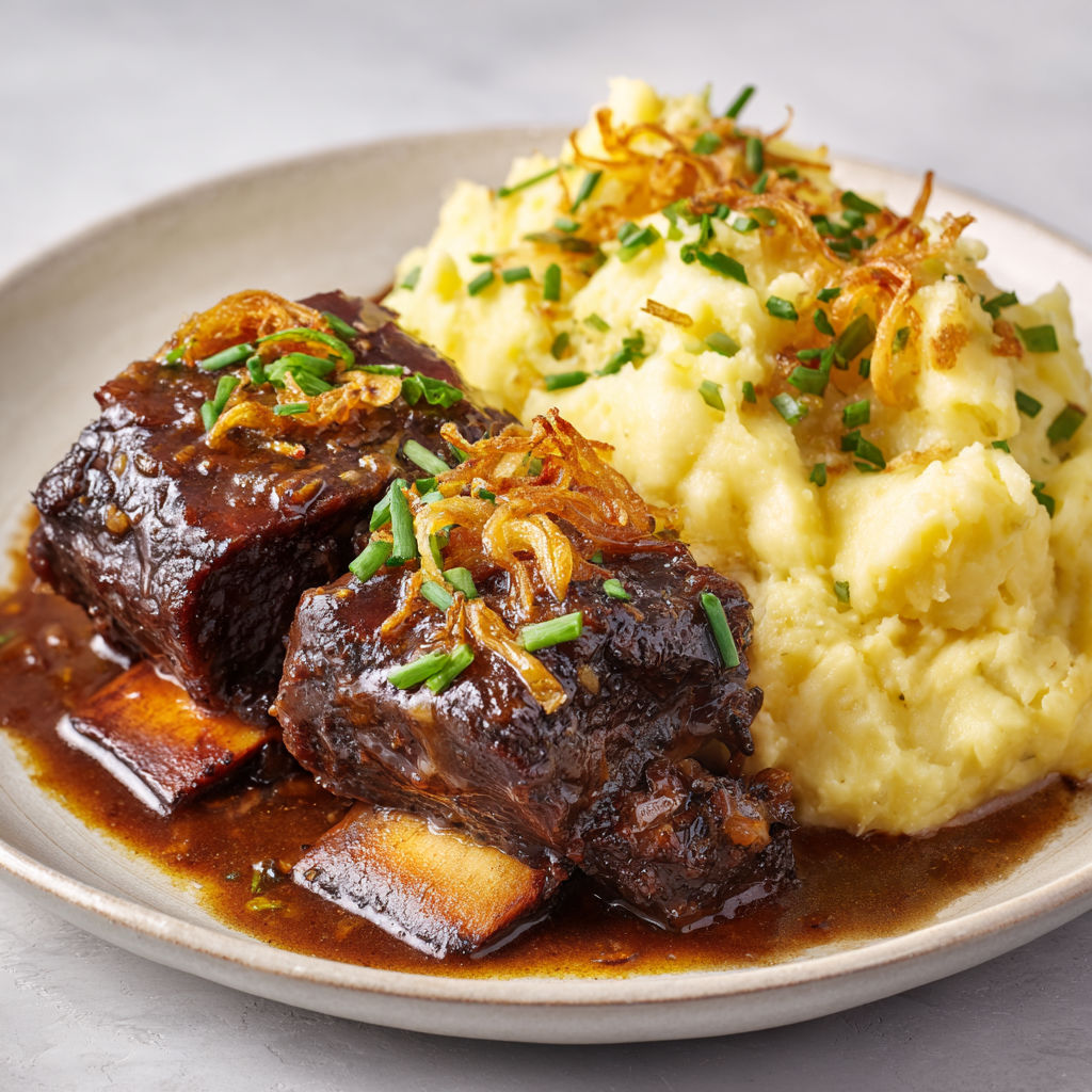 Ribs de bœuf extra tendres longue cuisson, sauce balsamique et purée dorée pommes de terre aux oignons frais.