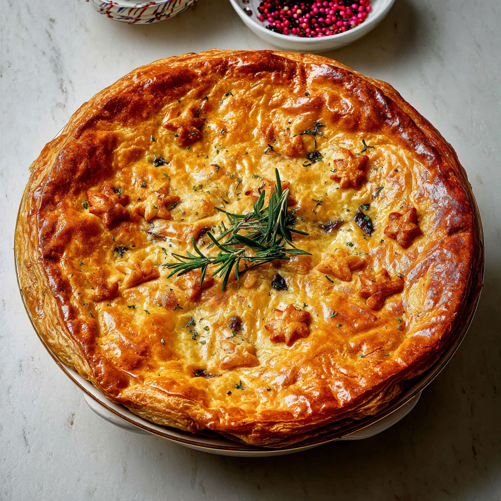 Plat de bœuf tendre en croûte feuilletée, sublimé par des herbes et des éclats de tomates séchées, présenté sur un plateau.