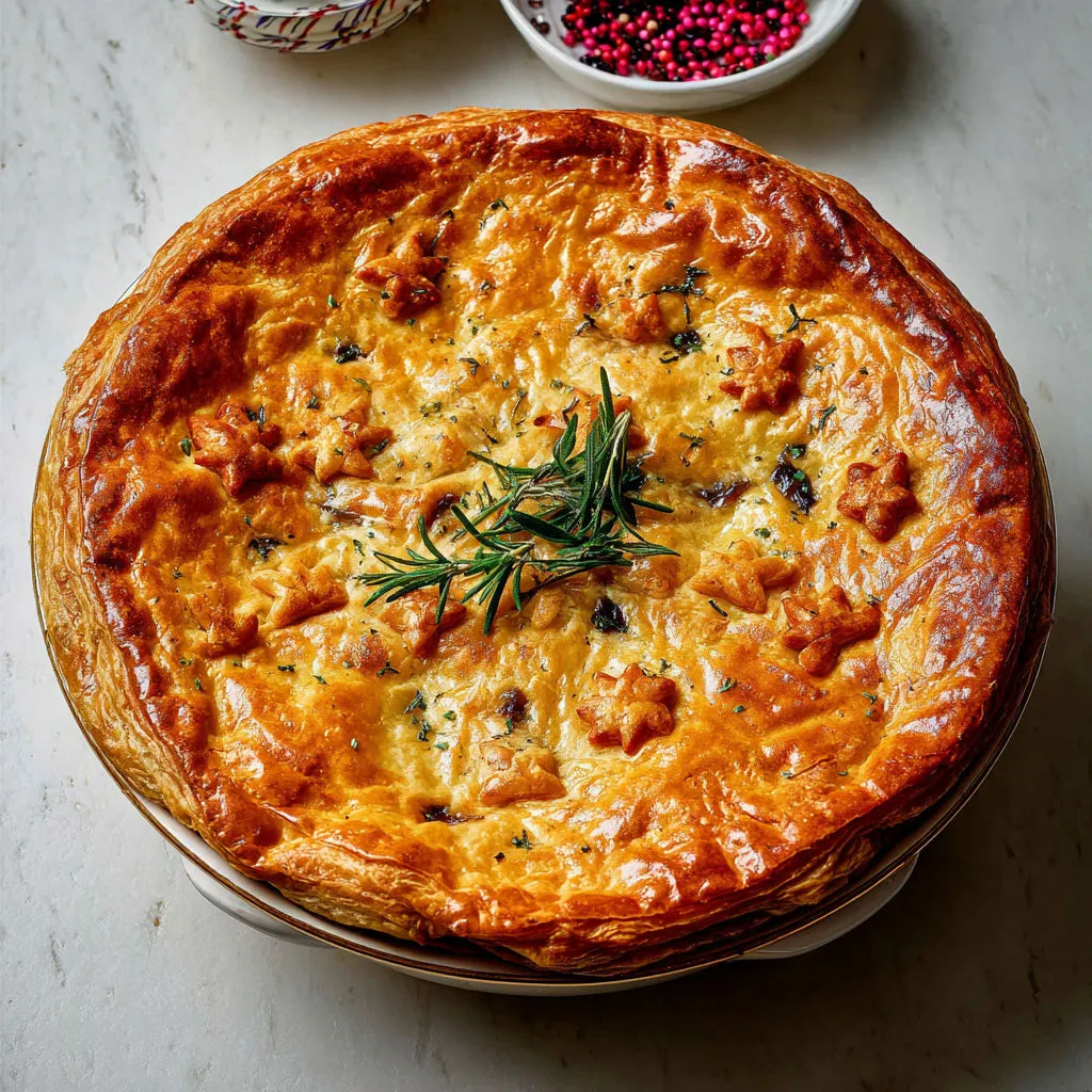 Plat de bœuf tendre en croûte feuilletée, sublimé par des herbes et des éclats de tomates séchées, présenté sur un plateau.