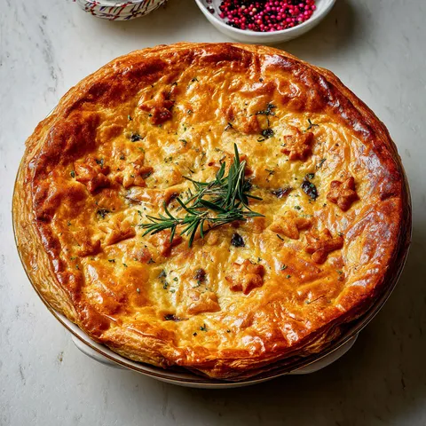 Plat de bœuf tendre en croûte feuilletée, sublimé par des herbes et des éclats de tomates séchées, présenté sur un plateau.