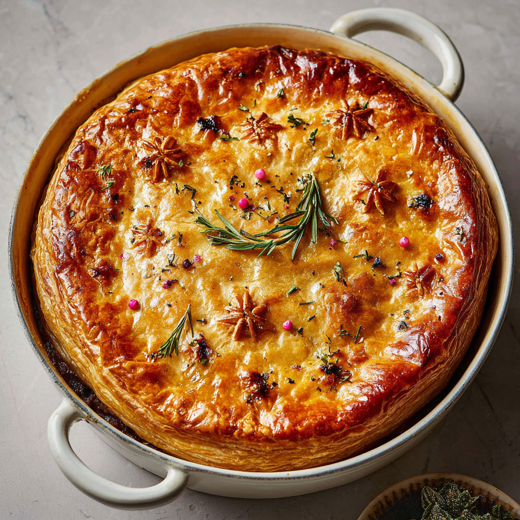 Boeuf ultra tendre, en pâte feuilletée dorée avec cèpes et épices douces.