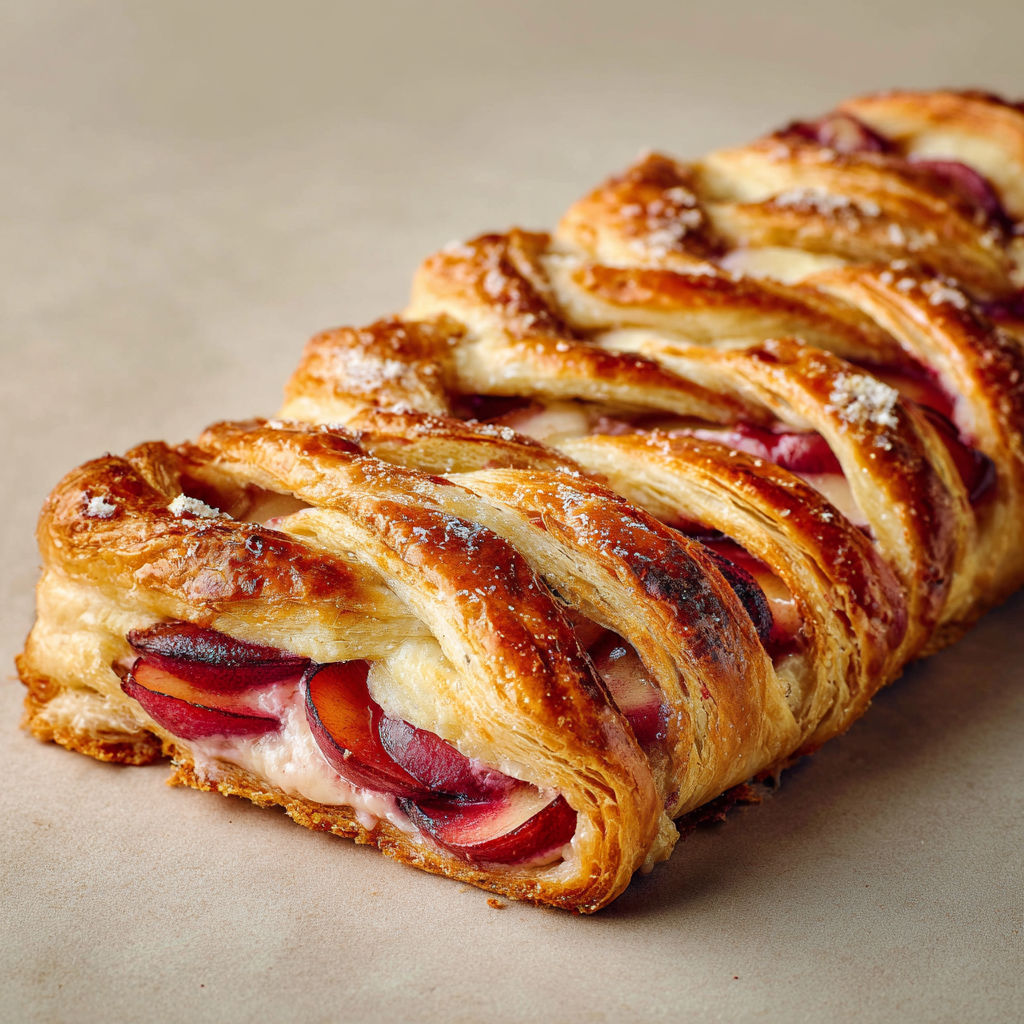 Photo d'une feuilletée avec des prunes et du fromage fondant.