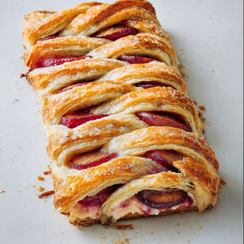 Feuilleté tressé aux prunes fondantes, crème douce et croûte bien dorée.