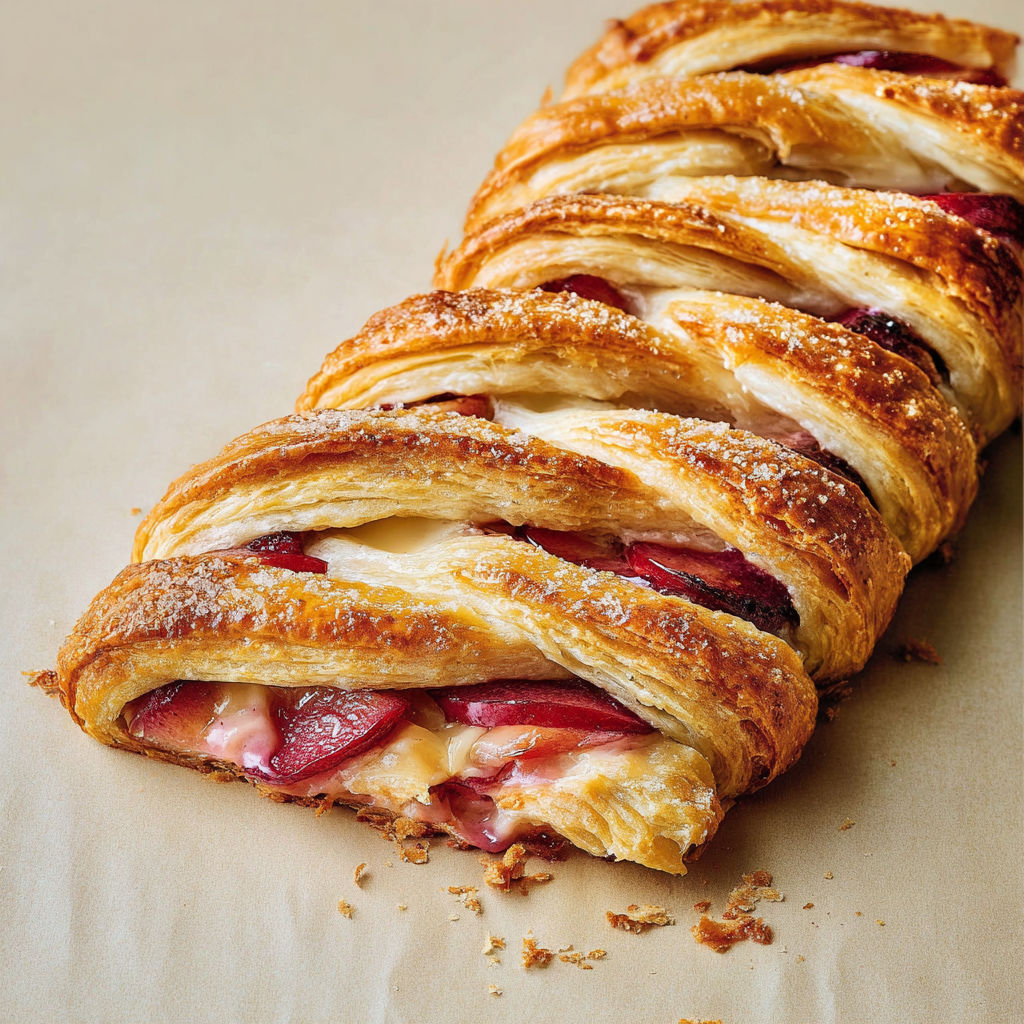 Tresse feuilletée gourmande aux prunes fraîches et fromage frais sucré.