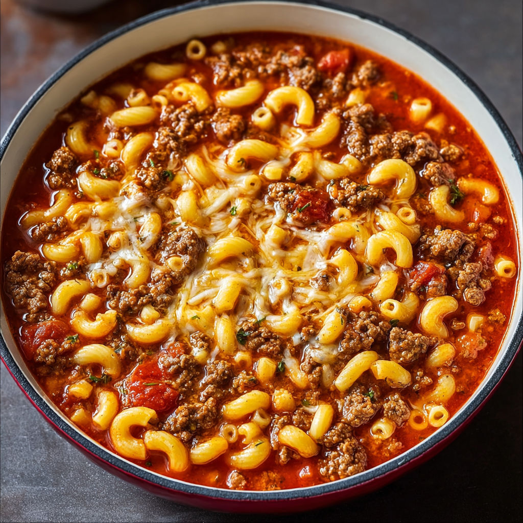 Un délicieux goulash américain avec tomates, pâtes et fromage.