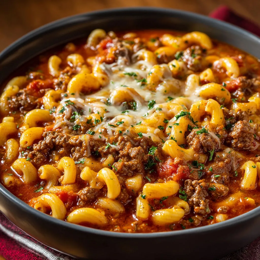 Macaronis au bœuf à l’ancienne, sauce tomate et fromage ultra filant.
