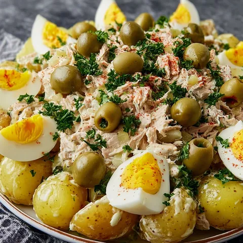 Un plat de pommes de terre avec thon, œufs et olives, prêt à être dégusté.