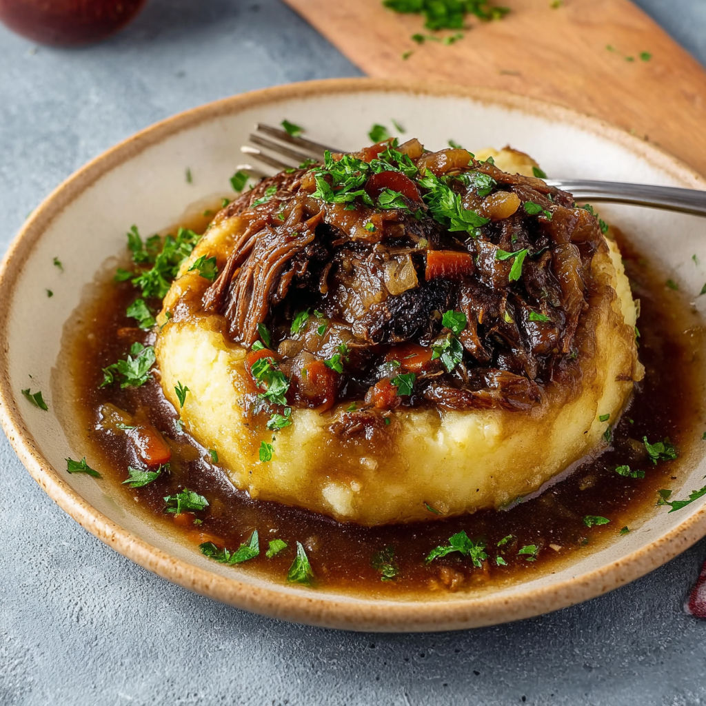 Bœuf mijoté au vin accompagné d'une purée maison savoureuse.