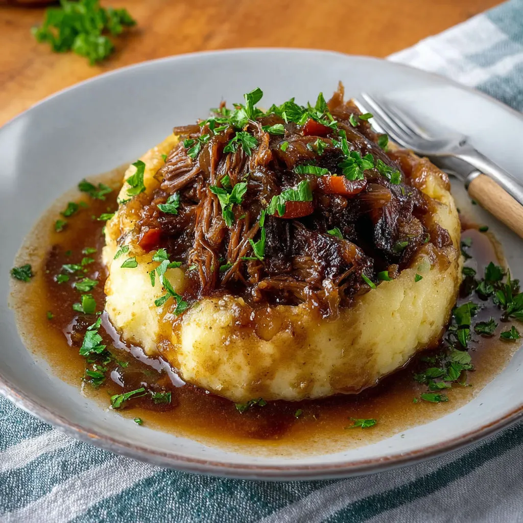 Bœuf effiloché moelleux au vin rouge et sa purée maison onctueuse.