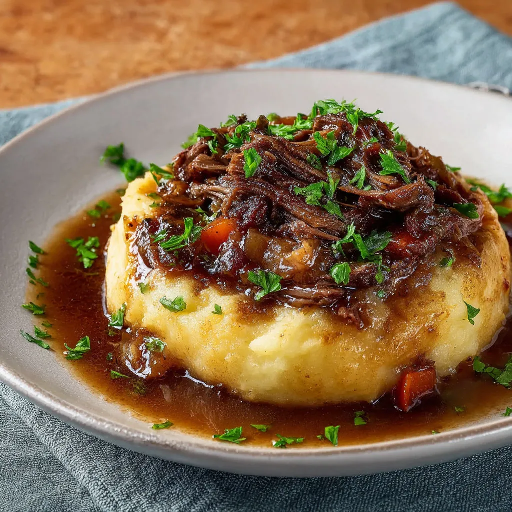 Bœuf mijoté effiloché à la fourchette, purée de pommes de terre fondante au beurre.