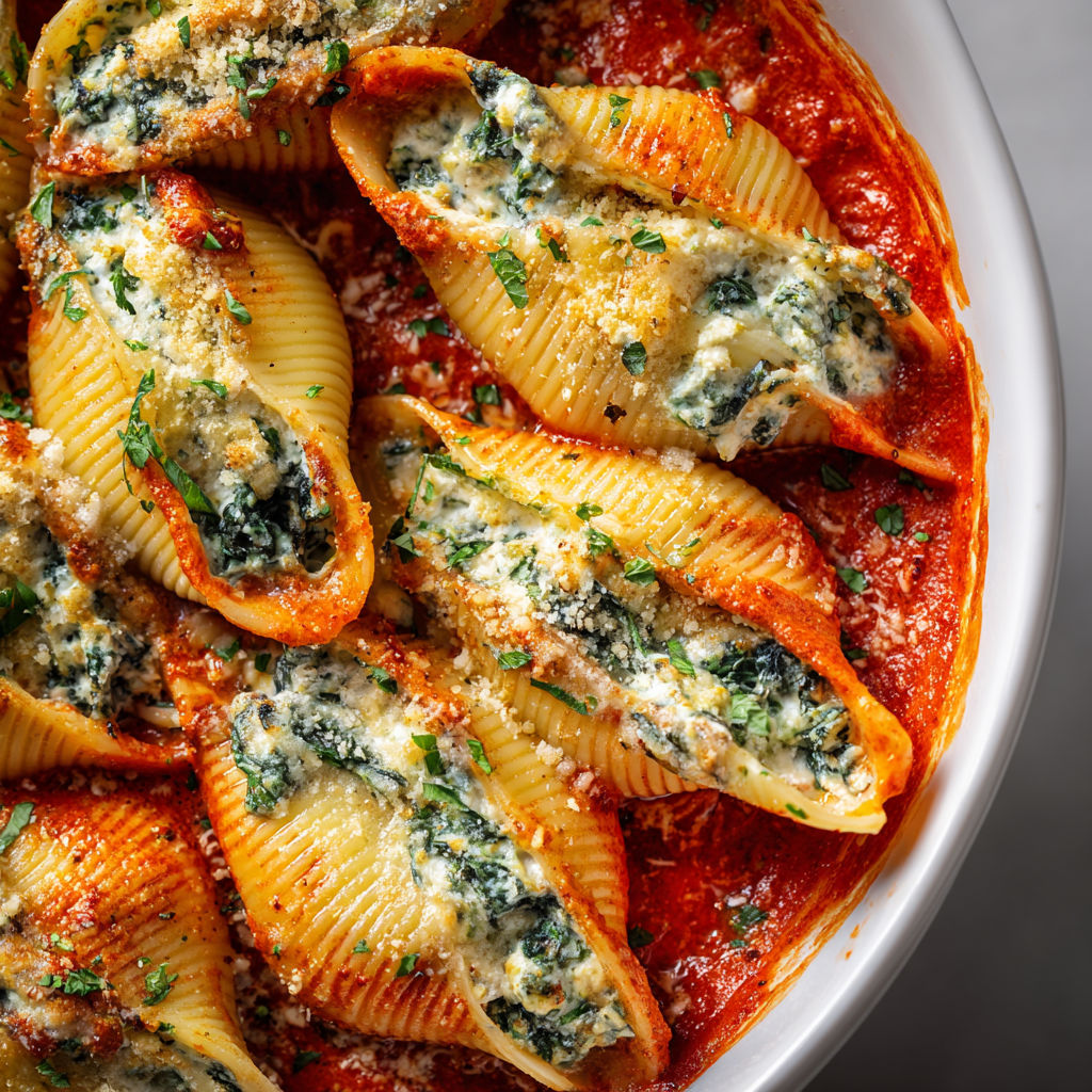 Pâtes Géantes Farcies Ultra Crémeuses aux Épinards et Cottage avec Sauce Veloutée aux Poivrons Rôtis.