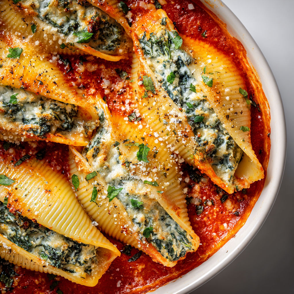 Pâtes Farcies Fondantes aux Épinards et Cottage sur Sauce Douce de Poivrons Grillés.