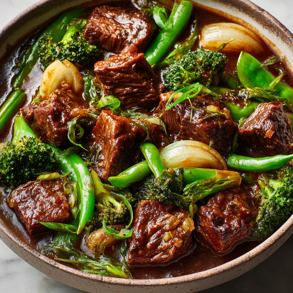Une assiette généreuse de bœuf mijoté avec ses légumes verts croquants.