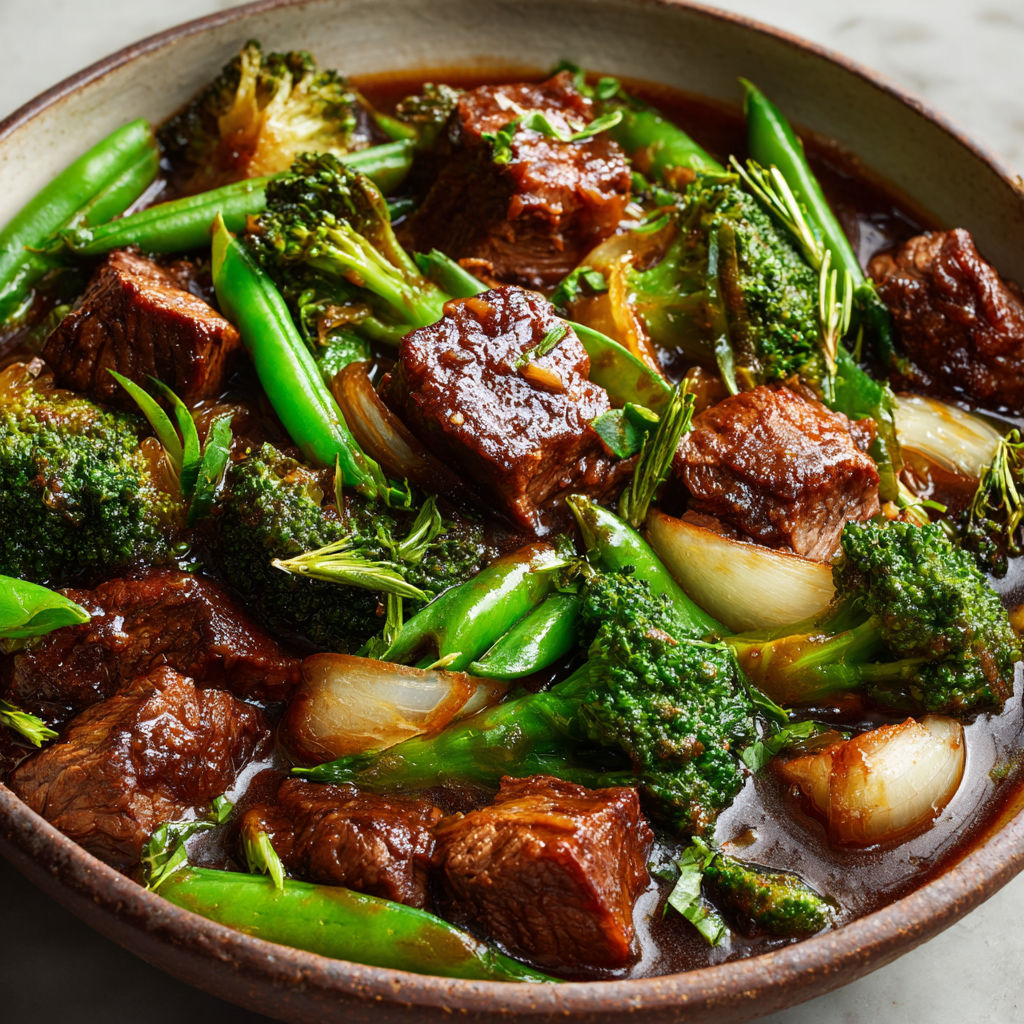Plat de Bœuf Mijoté Fondant avec Légumes Verts et Sauce Bière.