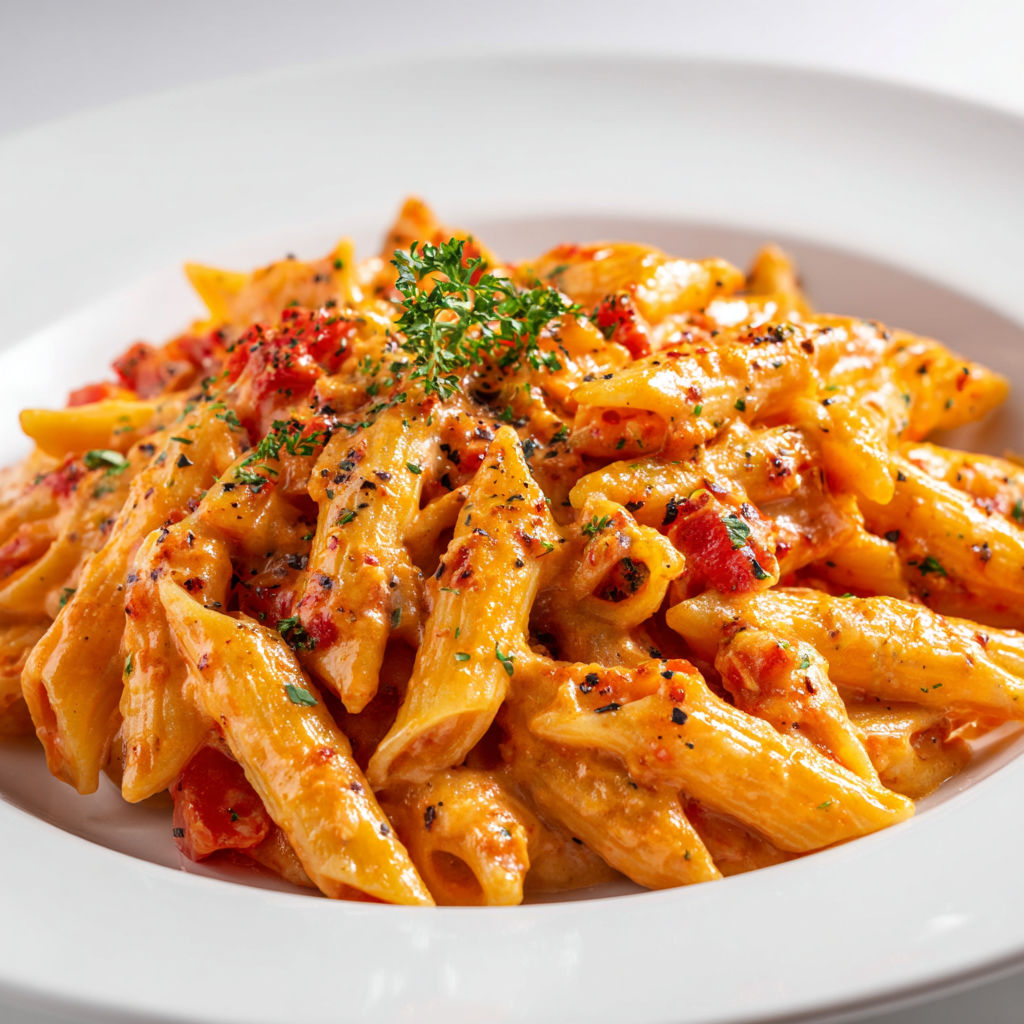 Un plat de pâtes avec une sauce onctueuse à la tomate et herbes fraîches, servi sur une assiette.
