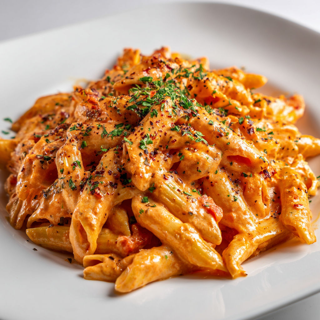 Un plat de pâtes crémeuses aux tomates servi sur une grande assiette blanche.