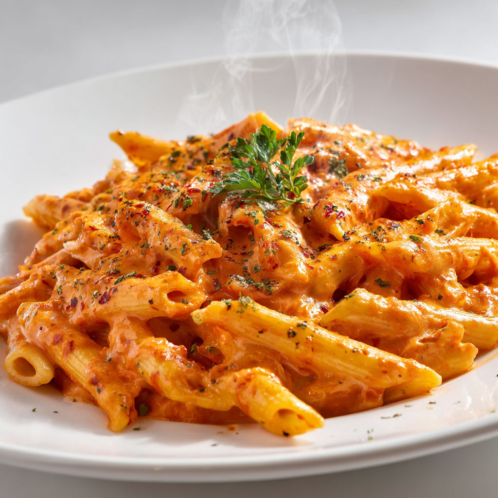 Des pâtes crémeuses aux tomates dans une assiette avec sauce rouge et des herbes posées dessus.