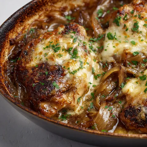 Une assiette de poulet doré avec des oignons fondants et des herbes, servie façon traditionnelle.