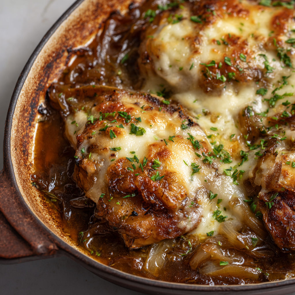 Poulet ultra fondant avec oignons caramélisés et fromage au four façon française.