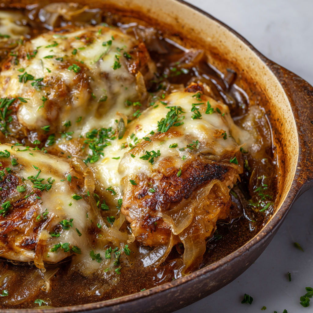 Cuisses de poulet dorées avec oignons tendres et fromage râpé fondant.