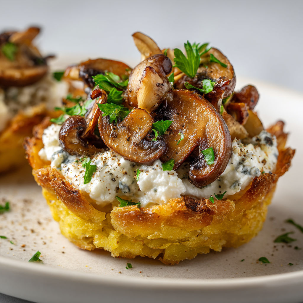 Une délicieuse tartelette composée de champignons poêlés et de pommes de terre dorées.