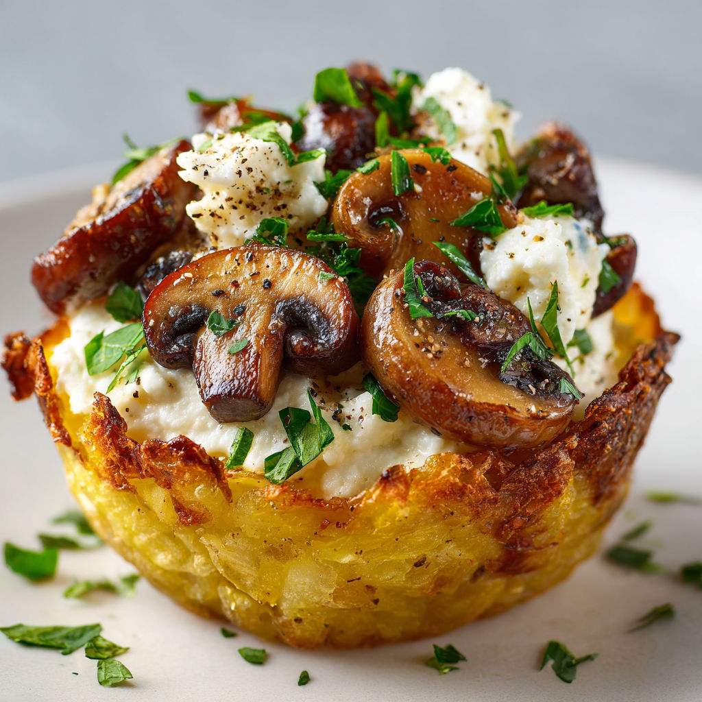 Mini-tartelettes dorées avec pommes de terre, champignons à l’ail et stracciatella crémeuse.