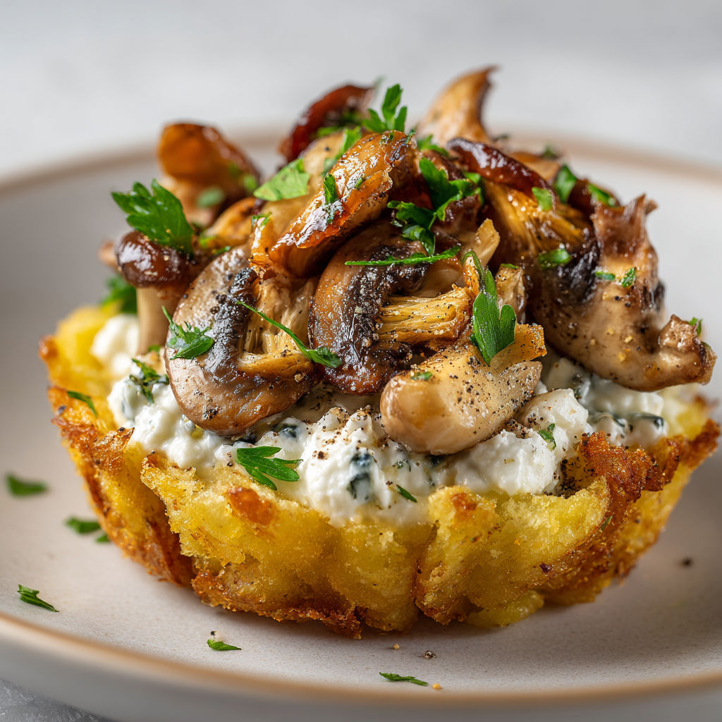 Tartelettes de pommes de terre écrasées, champignons poêlés et stracciatella onctueuse.