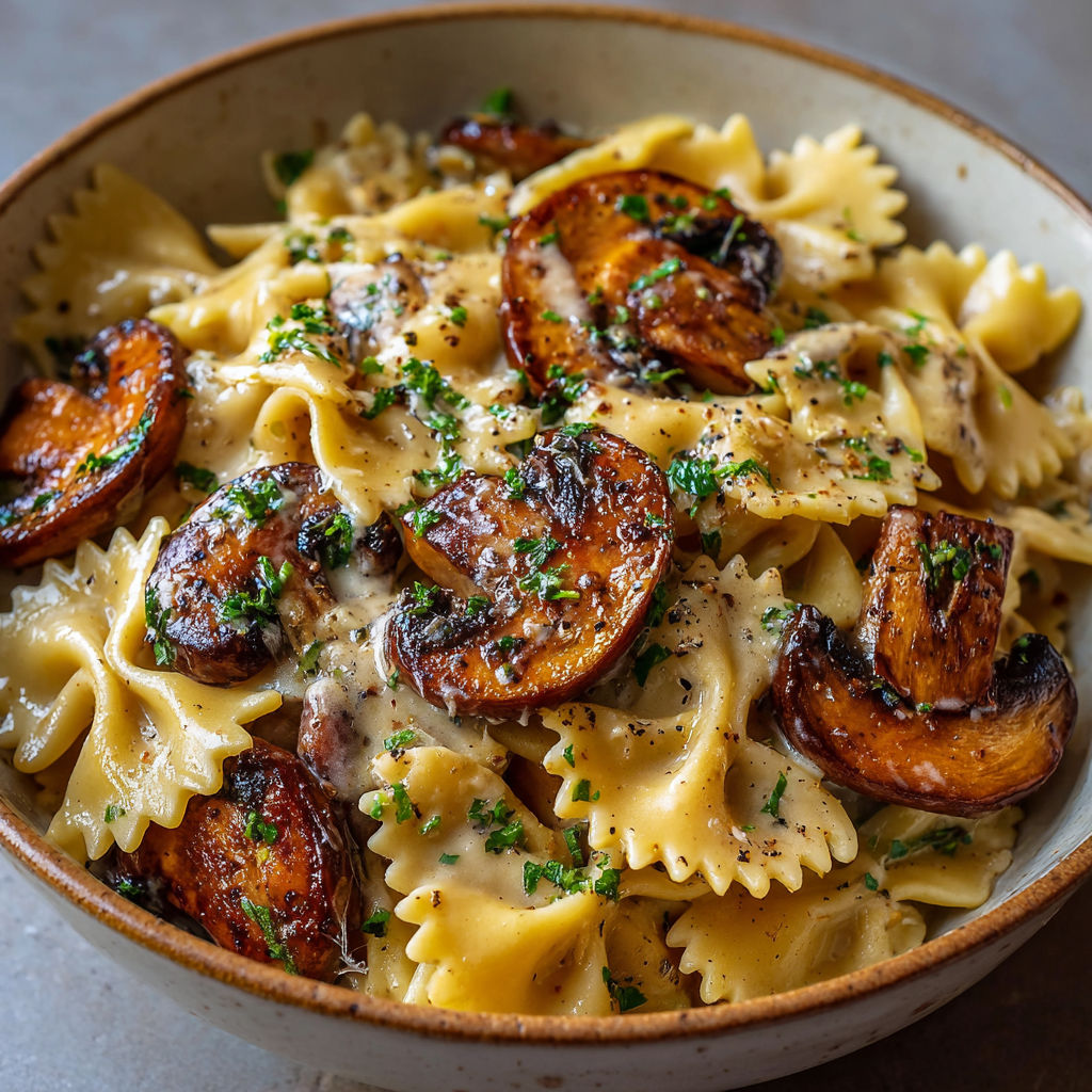 Pâtes crémeuses aux champignons dorés servies dans un plat.