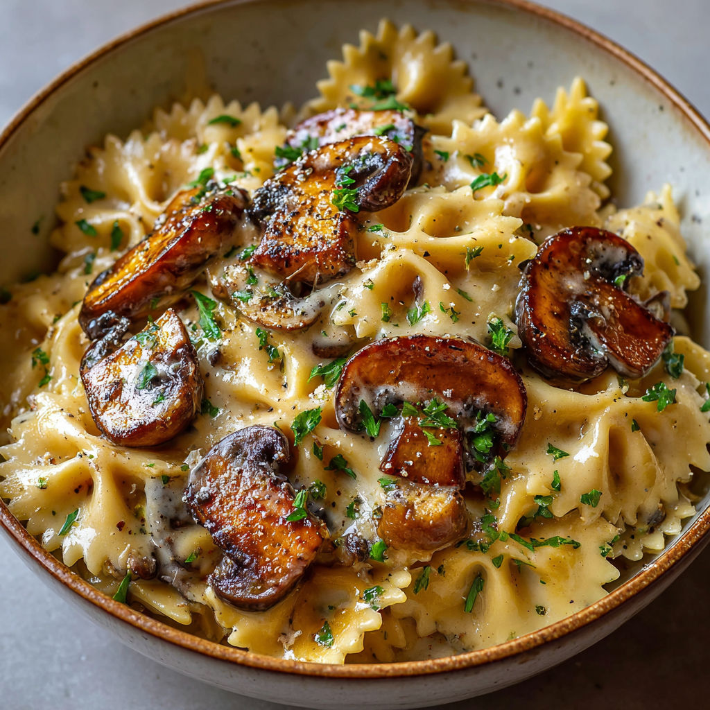 Farfalles crémeuses aux champignons sautés posées dans une assiette gourmande et conviviale.